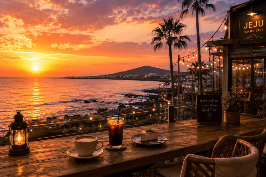Jeju Sunset Cafe Sunset cafe overlooking the coastline in Jeju Island