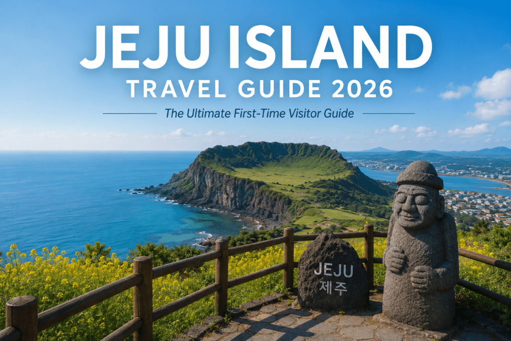 Panoramic view of Jeju Island featuring Seongsan Ilchulbong and Jeju coastline