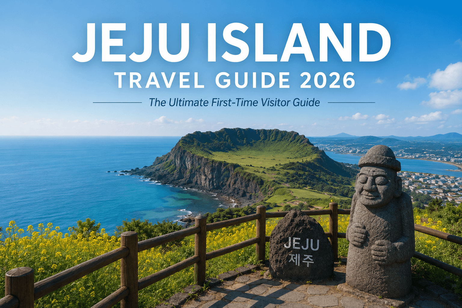 Panoramic view of Jeju Island featuring Seongsan Ilchulbong and Jeju coastline