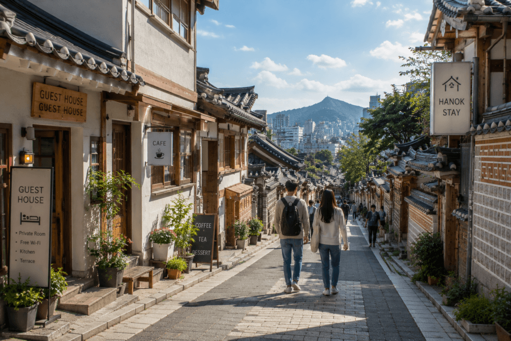 Jongno traditional neighborhood in Seoul with hanok-style guesthouses, quiet streets, mountain views, and travelers walking