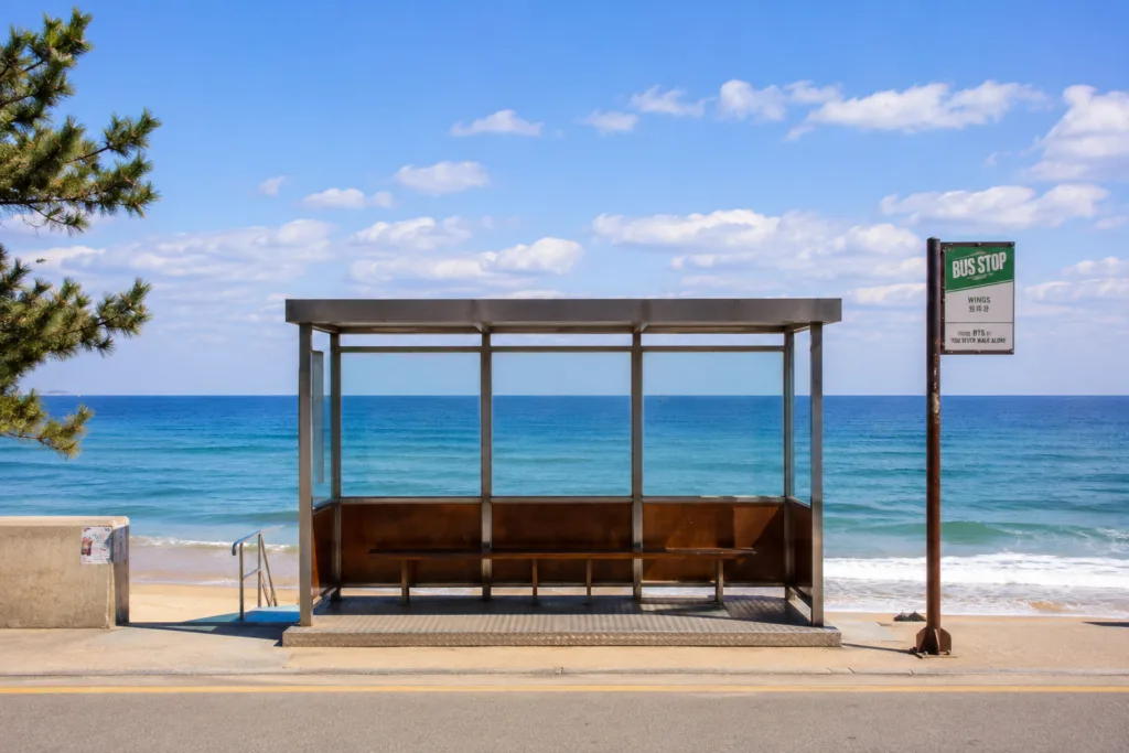 Famous BTS bus stop overlooking Jumunjin Beach in Gangneung