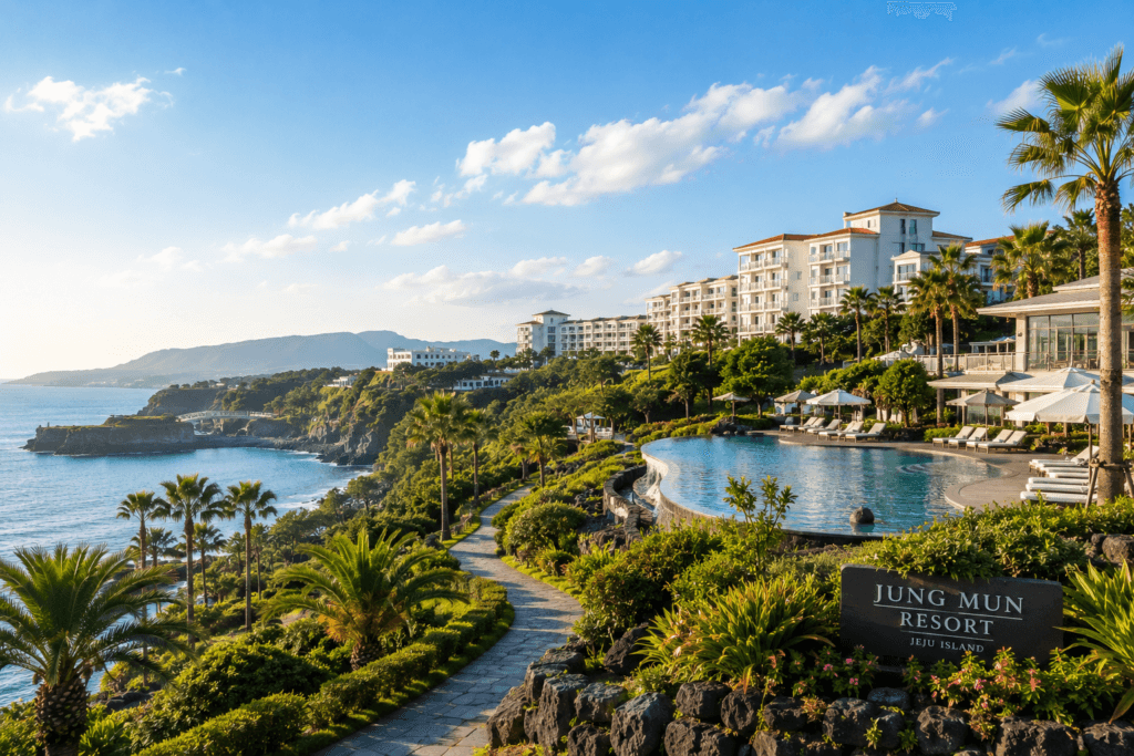Jungmun Resort Area in Jeju Jungmun resort area in Jeju with ocean-view pool, palm trees and coastal gardens
