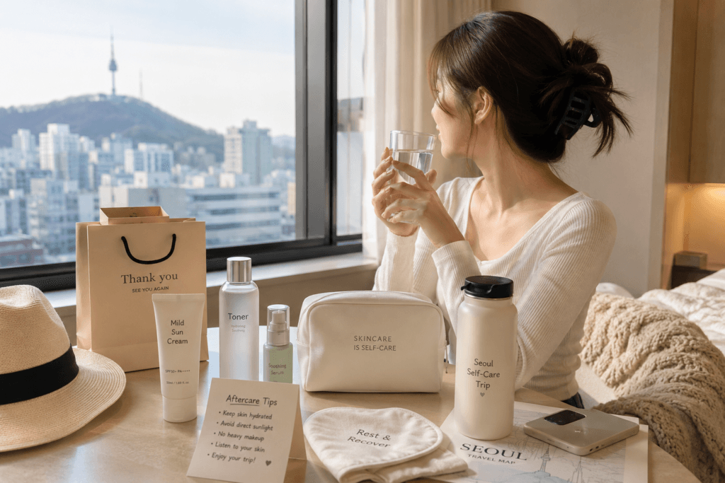K-Beauty Aftercare for Travelers in Seoul Traveler resting after a K-beauty treatment in Seoul with water, sunscreen, skincare and aftercare items