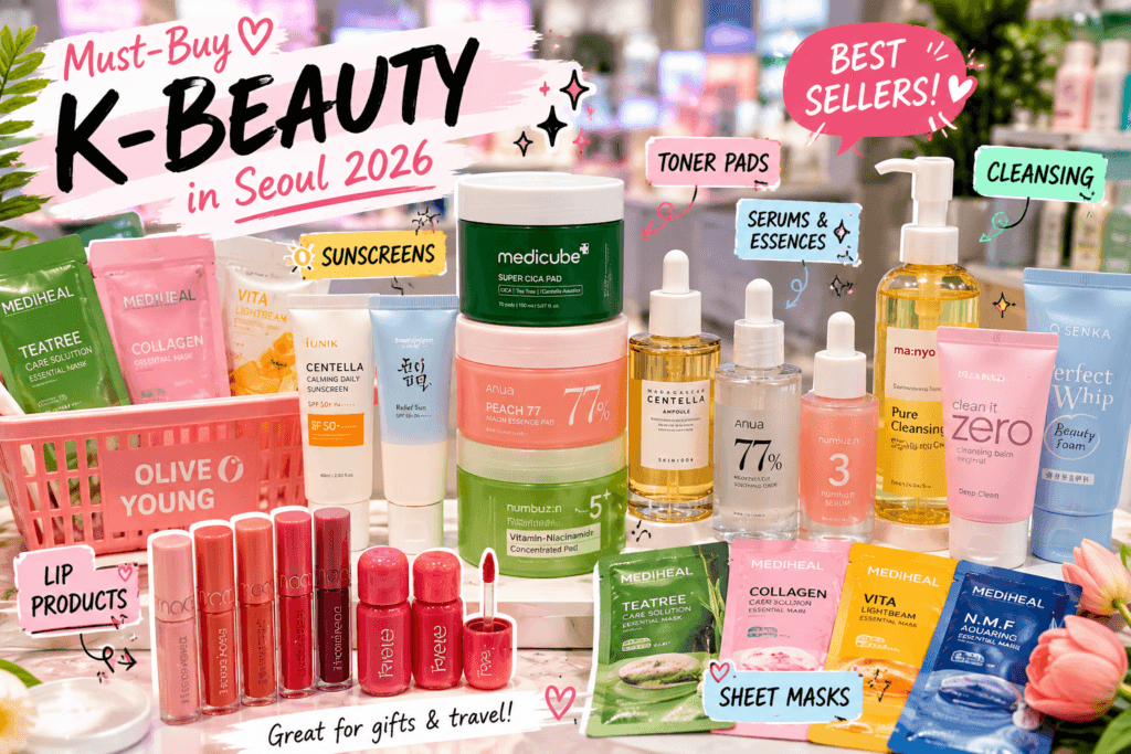 Popular K-Beauty Products Popular Korean skincare products including sunscreen toner pads and sheet masks