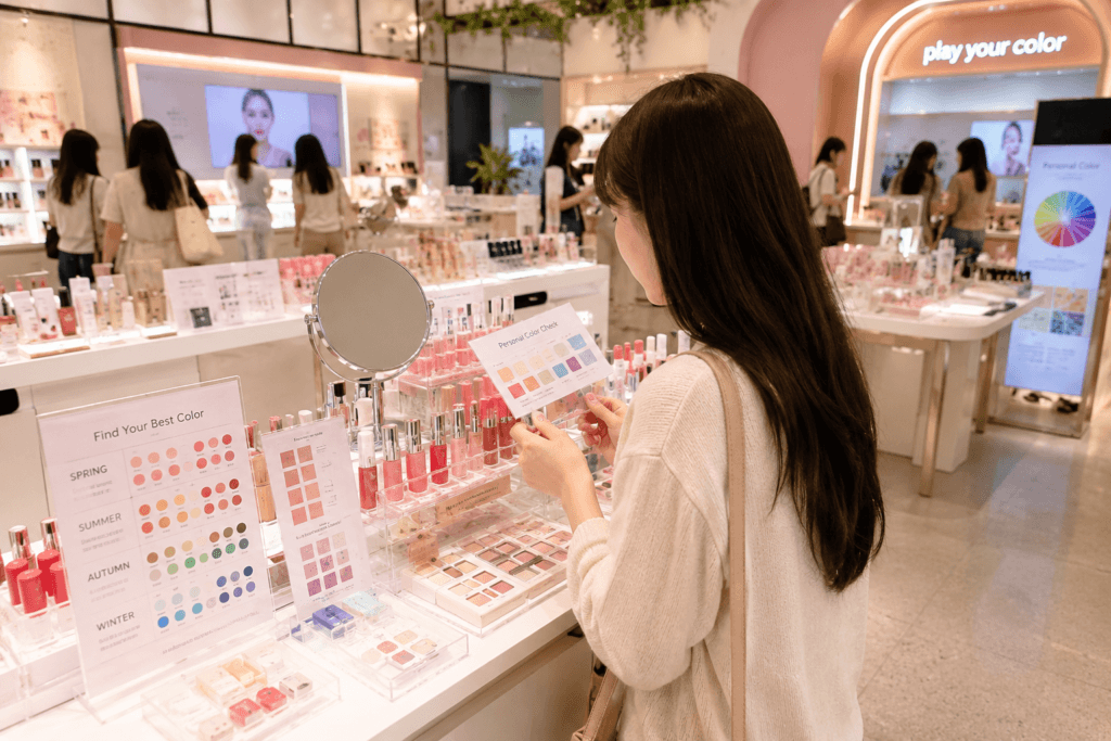 K-Beauty Personal Color Experience in Seoul K-beauty experience space in Seoul with makeup testers, color charts, skincare products and personal color check card