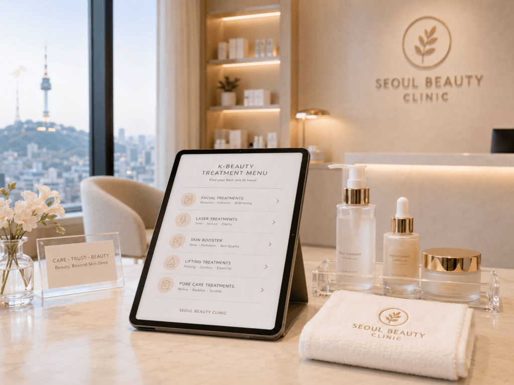K-Beauty Treatment Menu in Seoul K-beauty treatment menu at a Seoul clinic with facial, laser, skin booster, lifting and pore care options