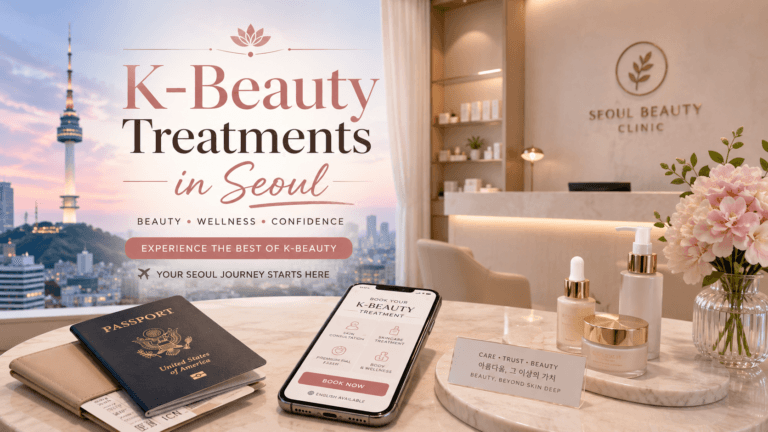 K-beauty treatments in Seoul guide with a modern beauty clinic, skincare products, passport and phone booking screen