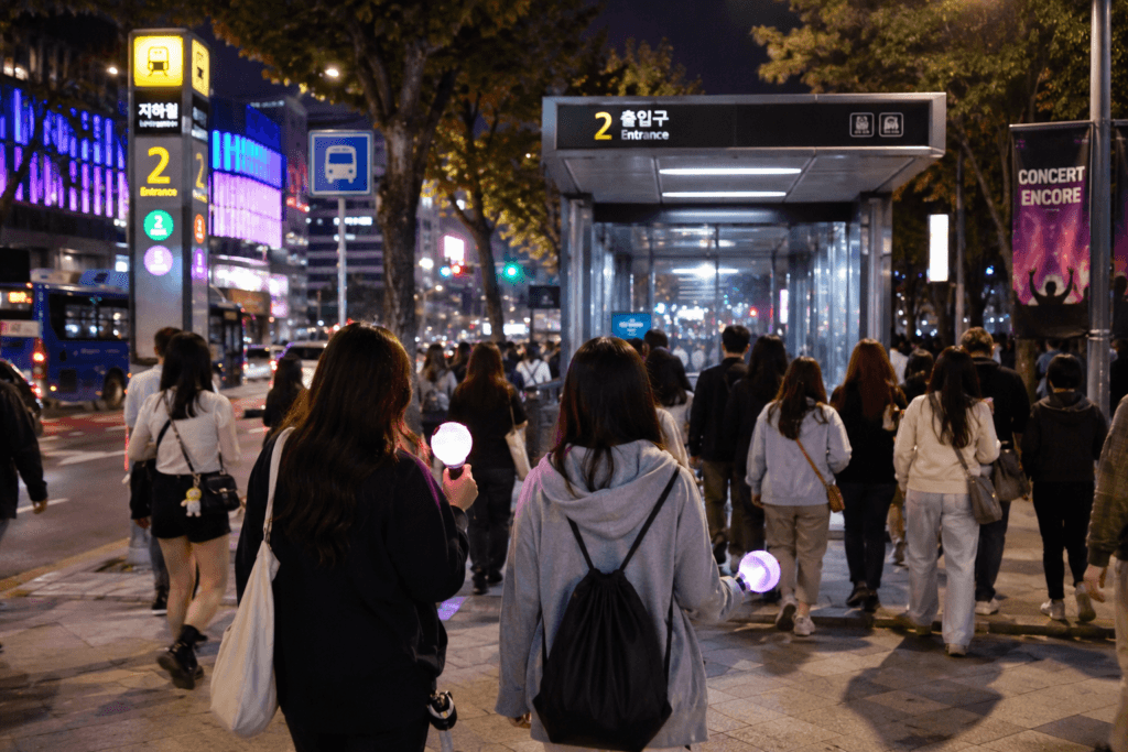 K-pop fans walking toward a Seoul subway entrance at night after a concert with glowing light sticks