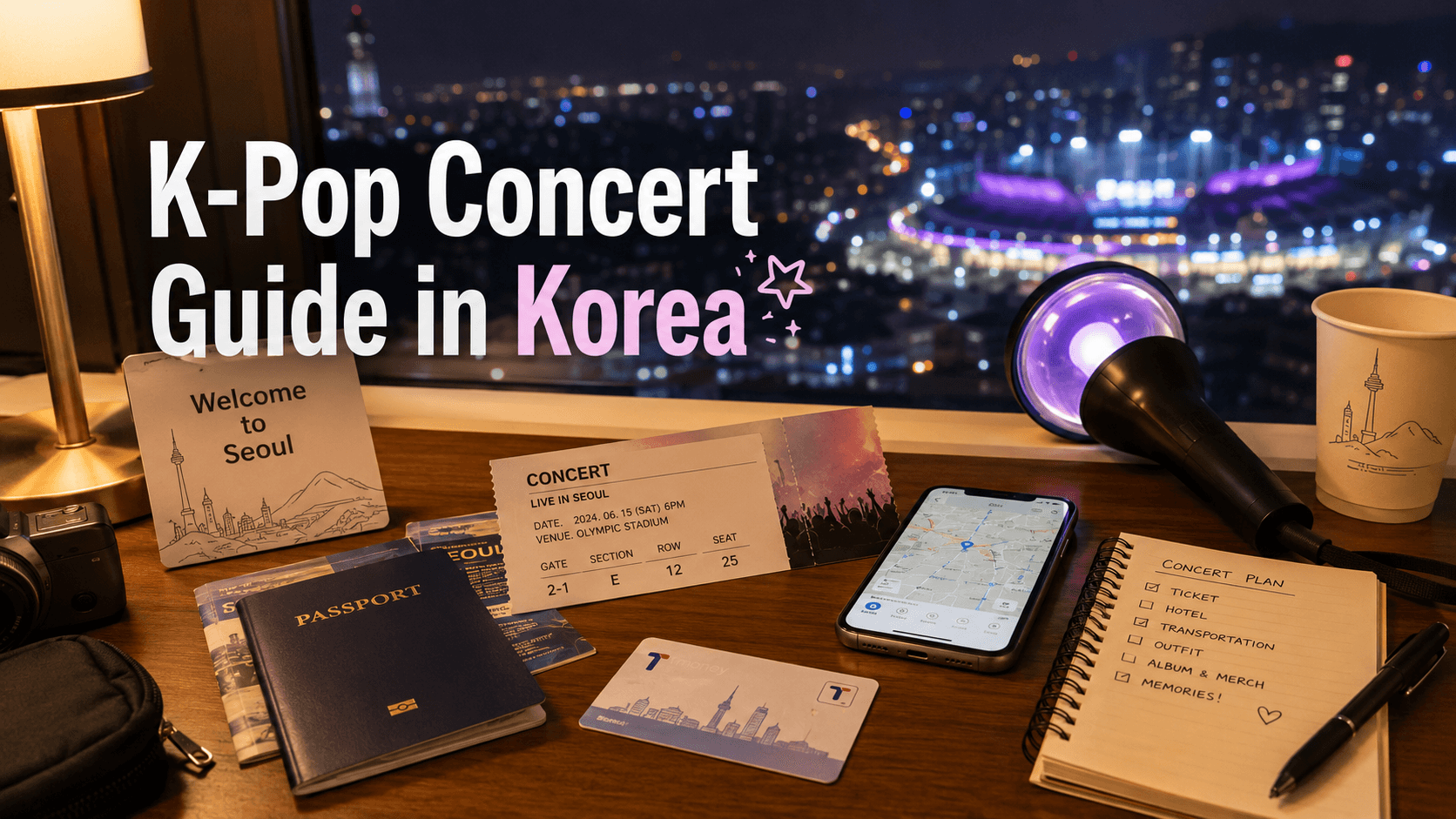 K-Pop Concert Guide in Korea with passport, concert ticket, T-money card, phone map, light stick and Seoul night view
