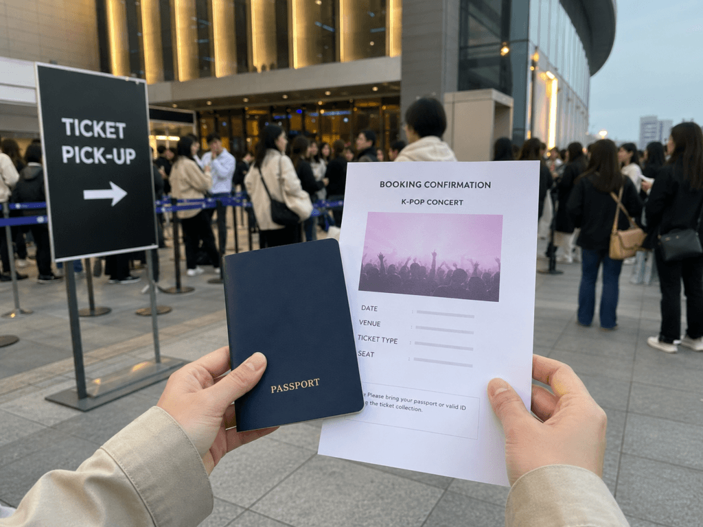 K-pop concert ticket pickup scene with passport and booking confirmation outside a modern concert venue in Korea