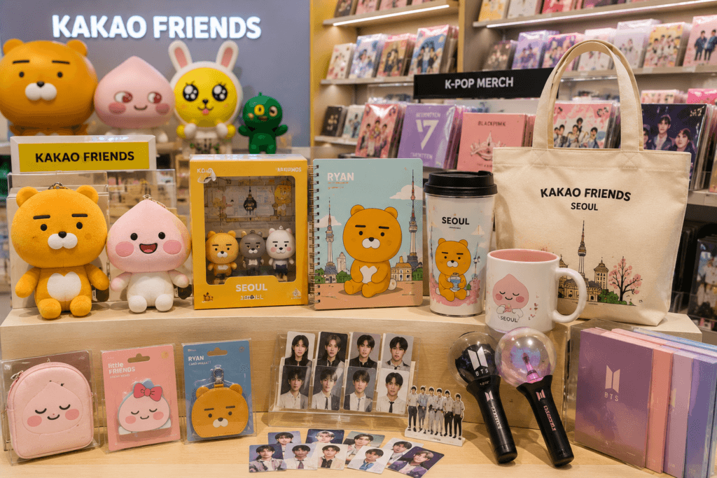 Kakao Friends and K-Pop Merchandise Kakao Friends merchandise and K-pop goods displayed in a Korean retail store