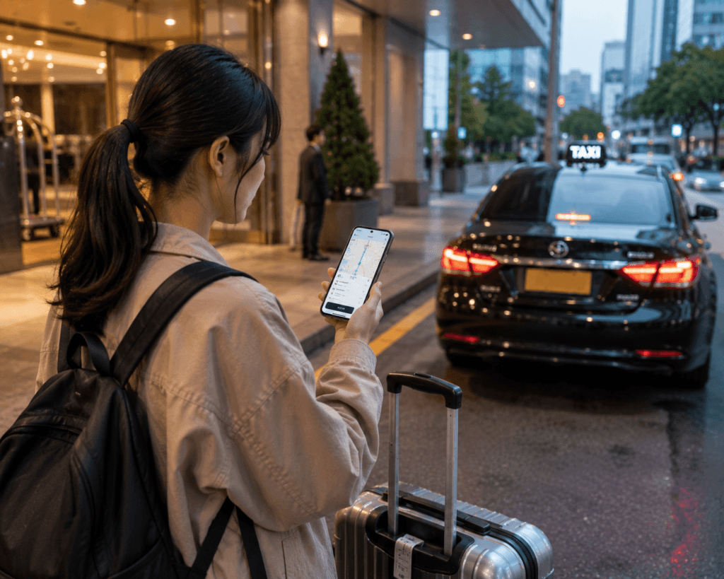 Traveler checking a taxi app with luggage near a hotel entrance in Korea