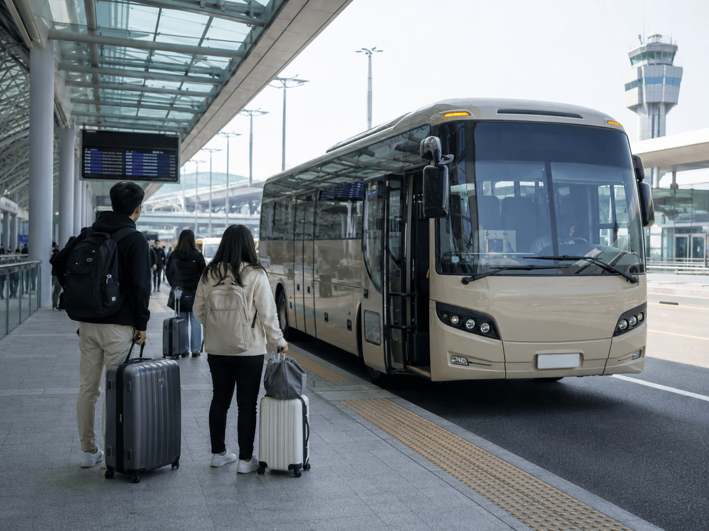 Airport limousine bus waiting outside Incheon Airport with travelers and luggage