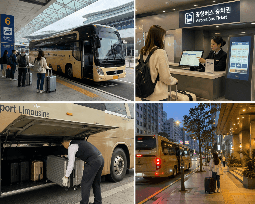 Collage showing airport bus boarding, ticket purchase, luggage loading, and arrival in Seoul