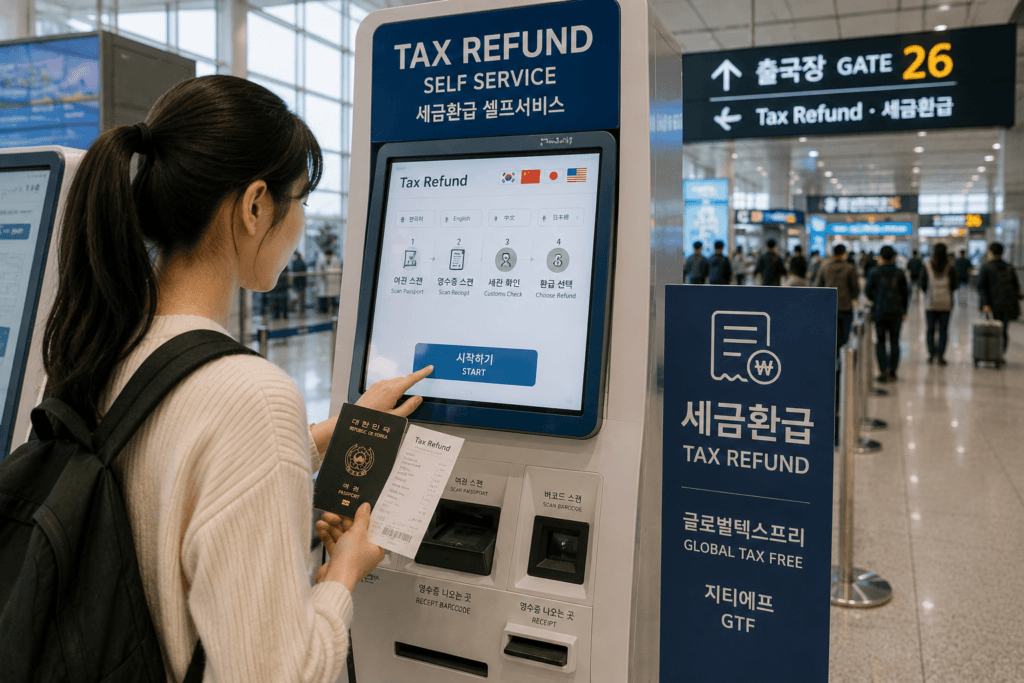 Traveler using a tax refund kiosk at a Korean airport with passport and receipts