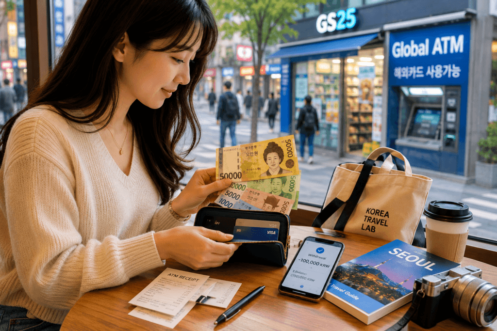 Traveler organizing Korean won cash, debit card, and phone after using an ATM in Korea