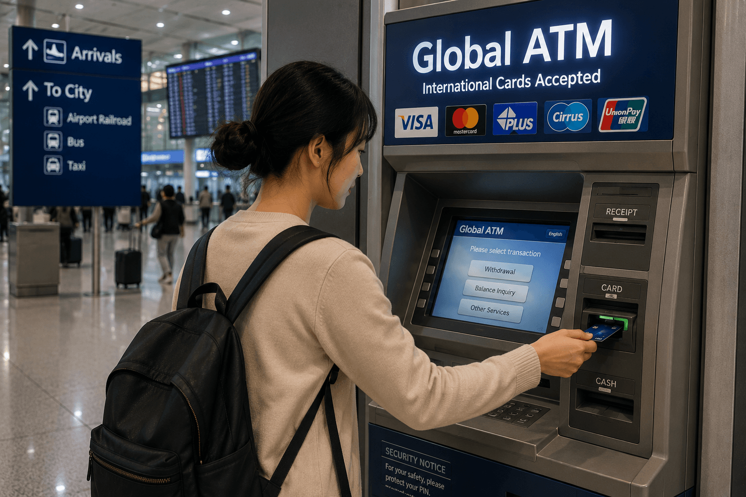 Traveler using a Global ATM at an airport in South Korea