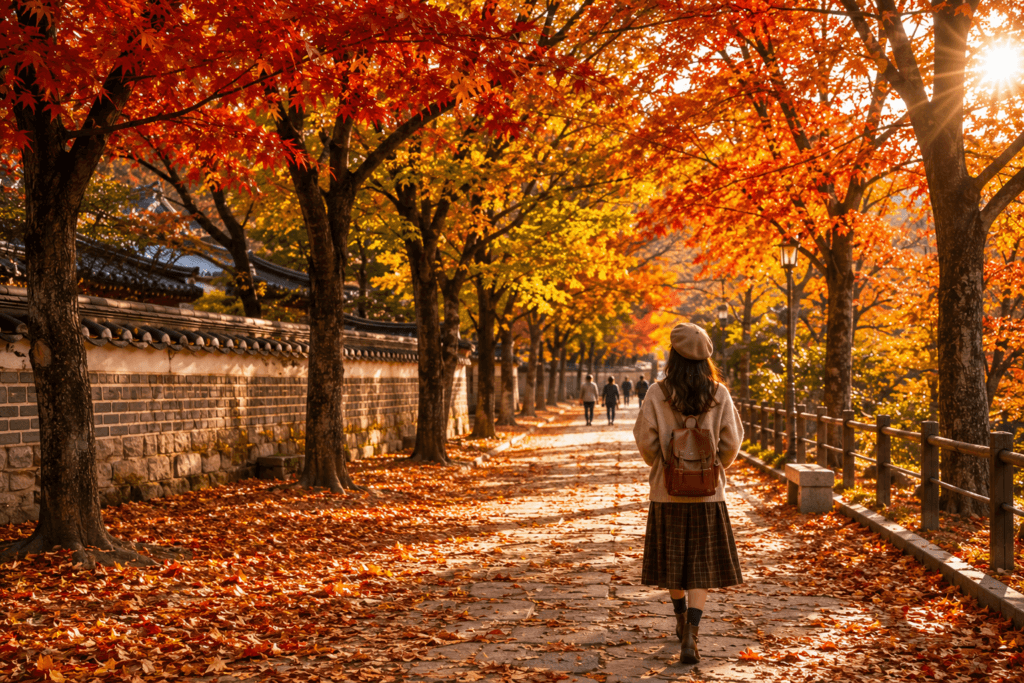 Walking Through Korea's Autumn Colors Traveler walking beneath colorful autumn trees in Korea