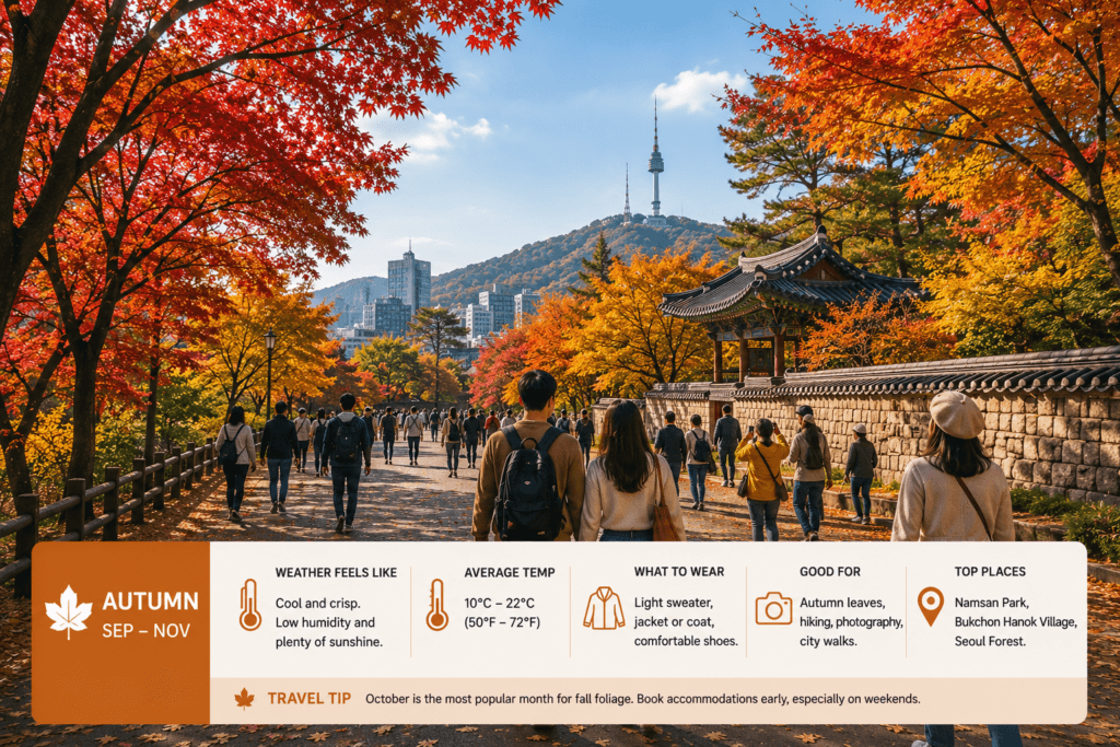 Travelers enjoying colorful autumn foliage in Seoul during fall season