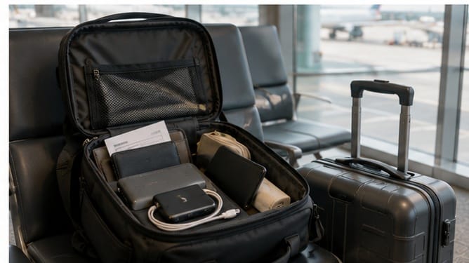 Open carry-on bag at an airport with a power bank, smartphone, charging cable, documents, and personal travel essentials