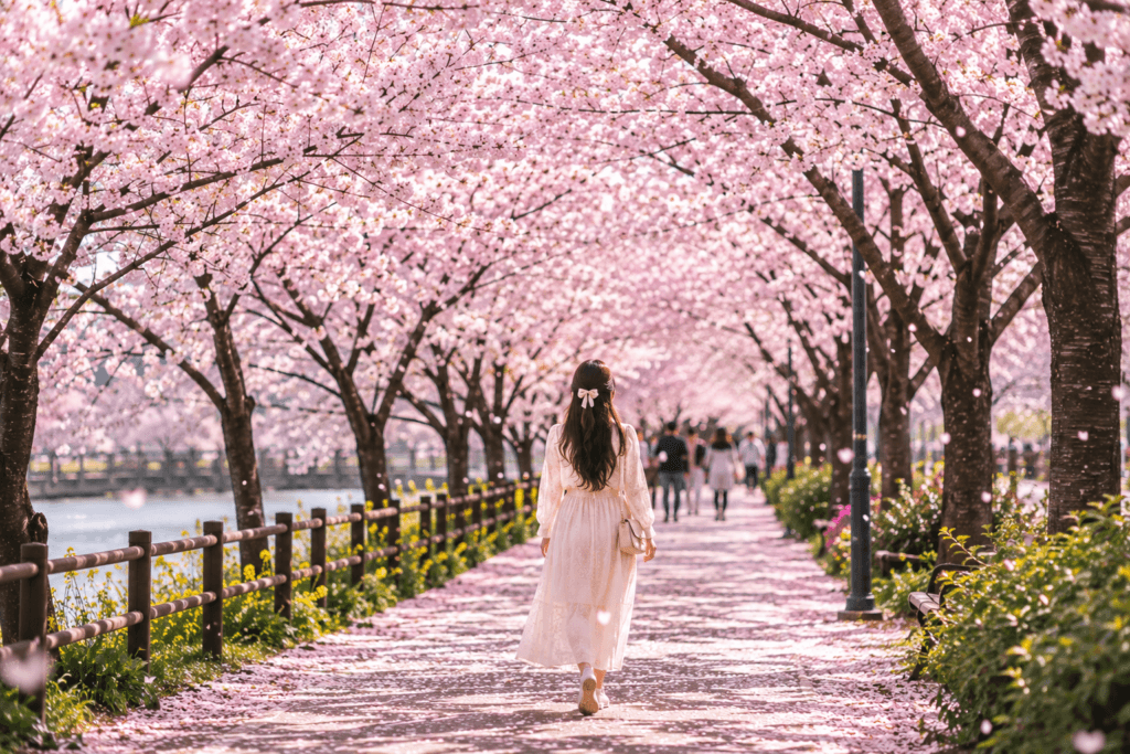 Traveler walking beneath a tunnel of cherry blossoms during spring in Korea