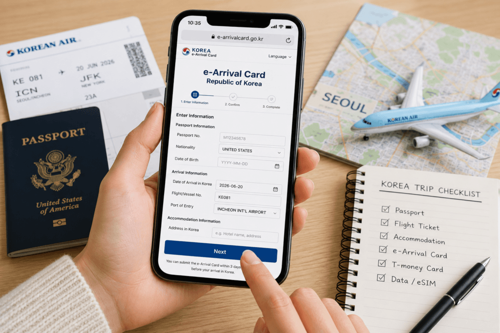 Korea e-Arrival Card Online Form 2026 Traveler filling out Korea e-Arrival Card online form on a smartphone before arriving in South Korea