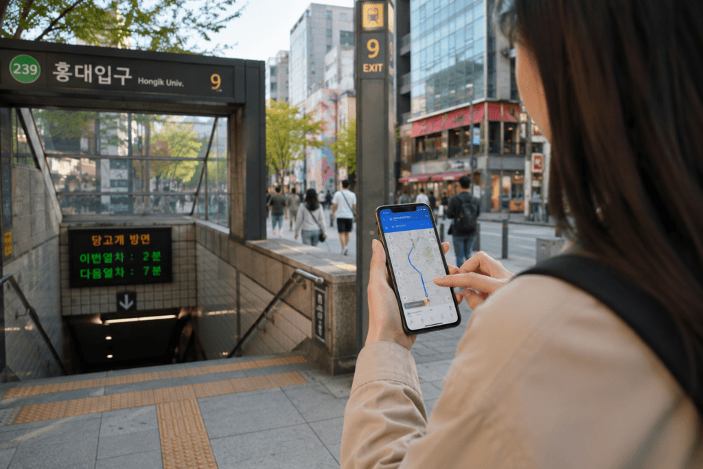 Traveler using mobile data for navigation near a Seoul subway entrance