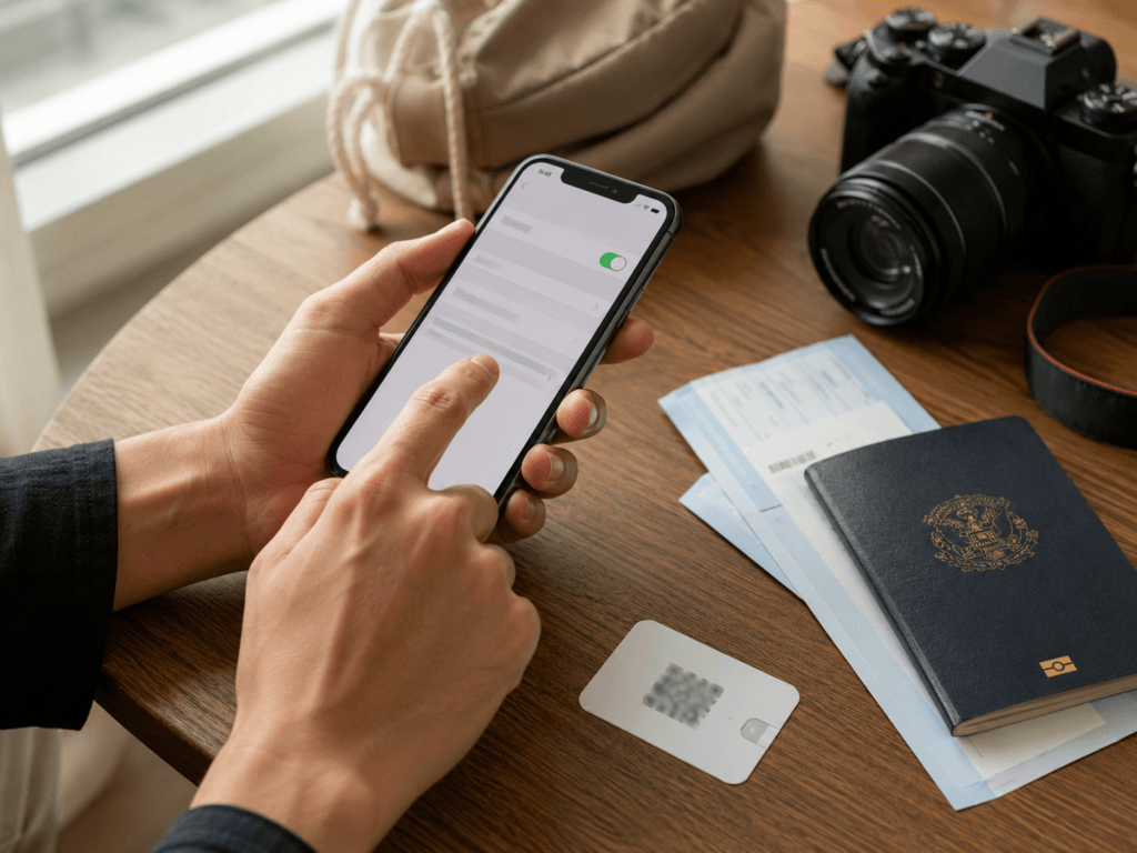 Traveler setting up an eSIM on a smartphone before traveling to Korea