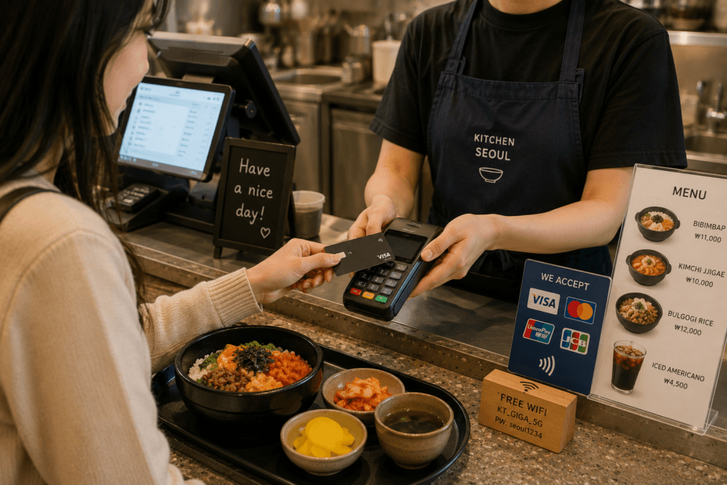 Traveler paying by card for a casual Korean meal at a restaurant counter