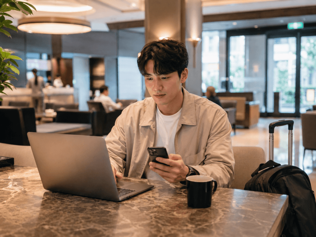 Traveler using laptop and smartphone with Wi-Fi in a Korean hotel lobby or cafe