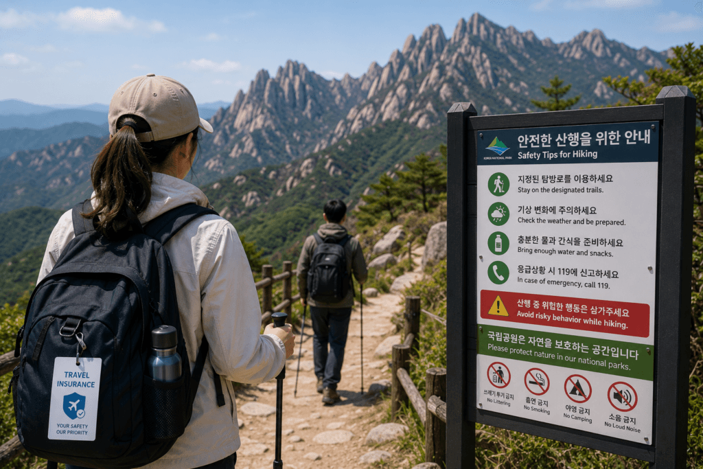 Travelers hiking in a Korean national park with mountain safety information nearby