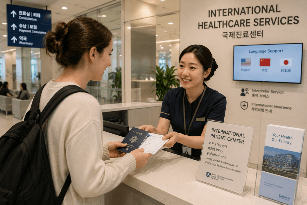 International traveler checking in at a modern hospital reception in South Korea