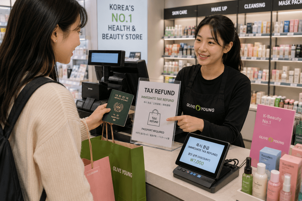 Traveler asking for immediate tax refund at a Korean beauty store checkout