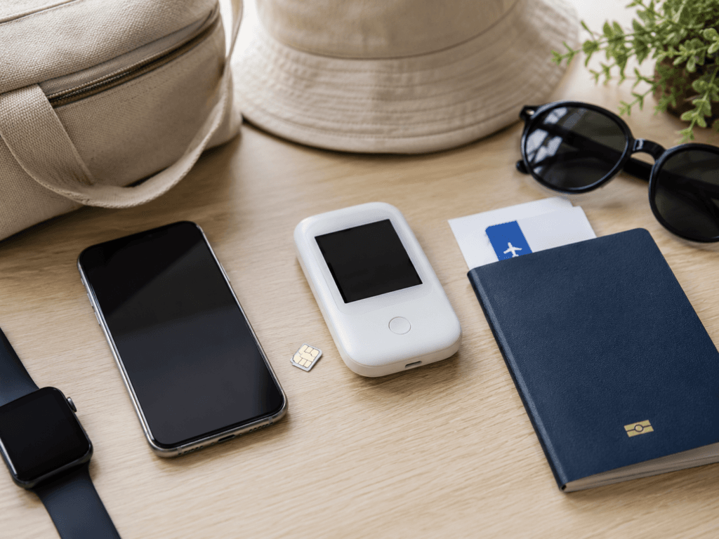 Smartphone, SIM card, pocket WiFi device, passport, and travel items for Korea internet setup