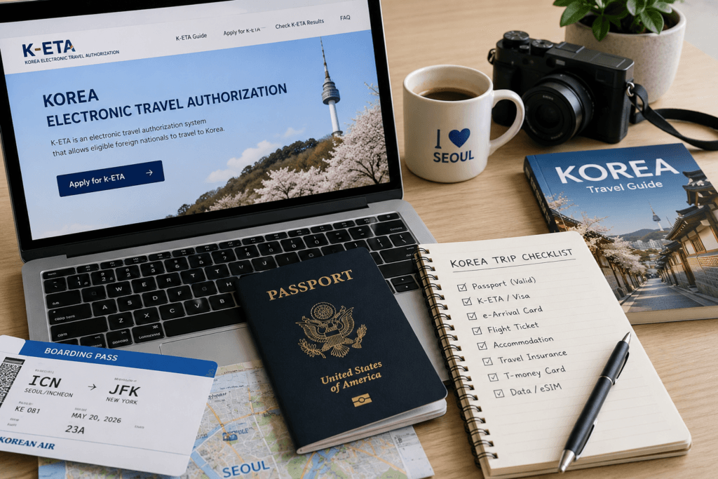 Korea K-ETA and Visa Preparation 2026 Korea K-ETA and visa preparation desk with passport, laptop, boarding pass and travel checklist for a 2026 trip