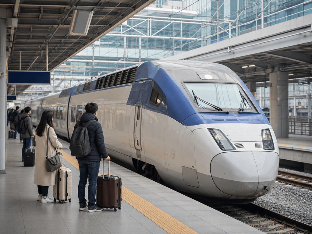 KTX-style high-speed train at a modern station in South Korea