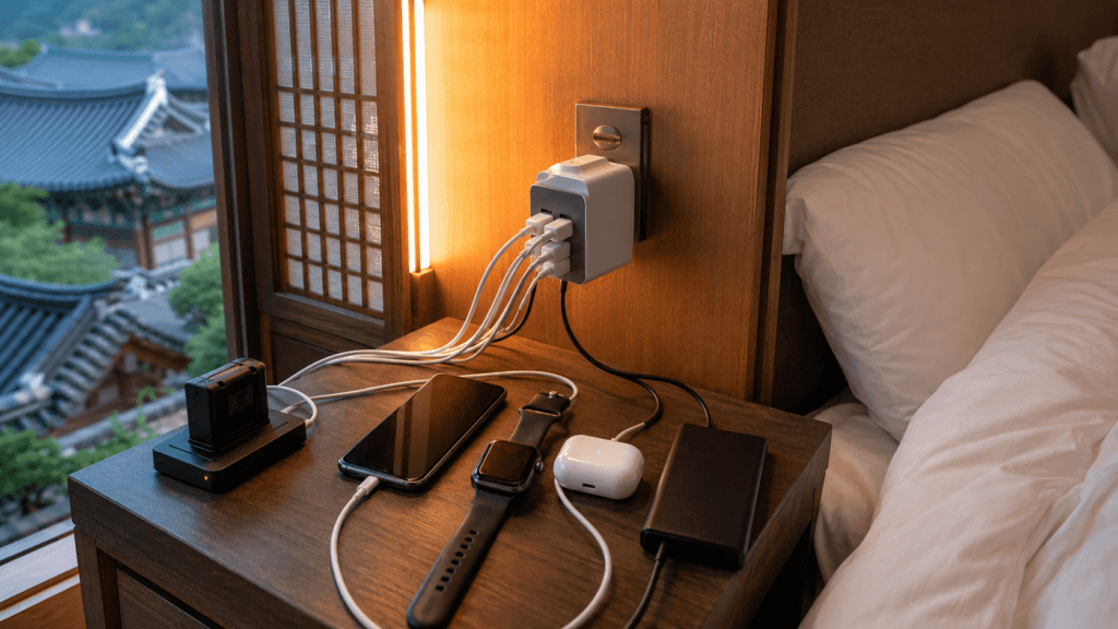 Multi-port charging setup with a phone, smartwatch, earbuds, camera battery, and power bank in a Korean hotel room