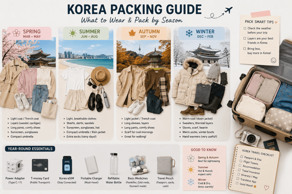 Korea Packing Guide by Season Korea packing guide by season with spring, summer, autumn, and winter clothing and travel essentials