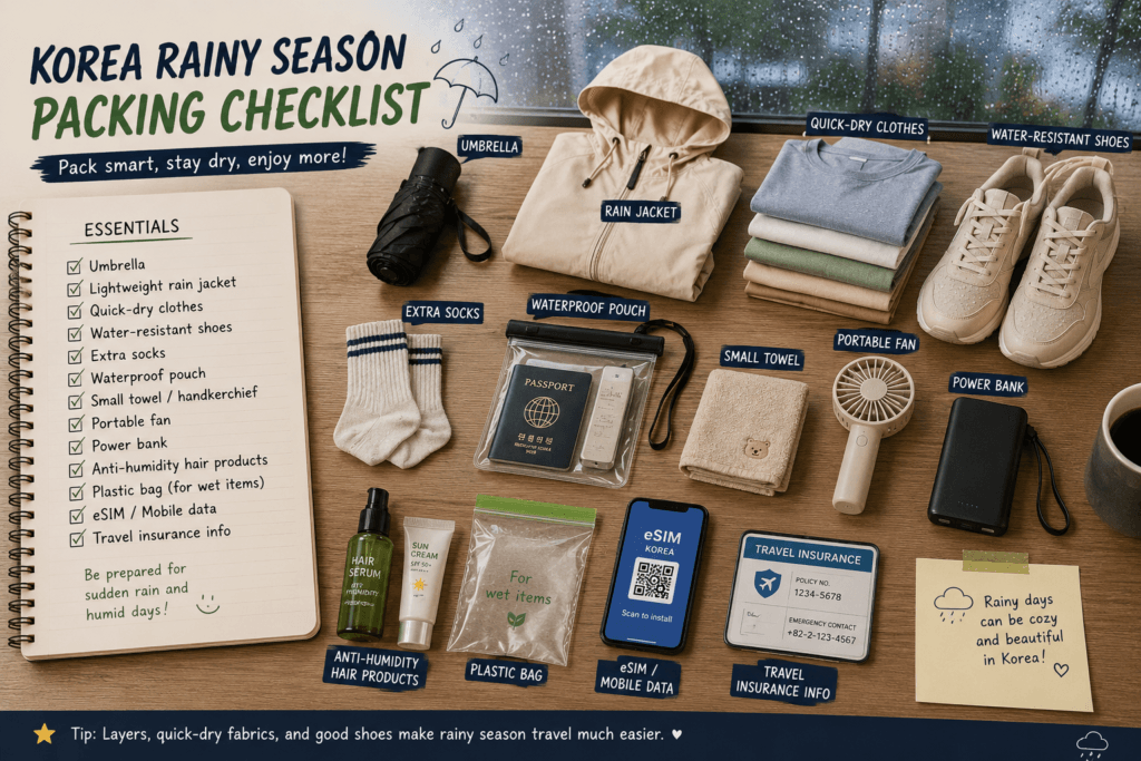 Korea rainy season packing checklist with umbrella, rain jacket, quick-dry clothes, shoes, eSIM and travel essentials