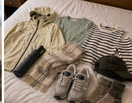 Seasonal clothing for a Korea trip including a light jacket, sweater, scarf, umbrella, hat, socks, and walking shoes