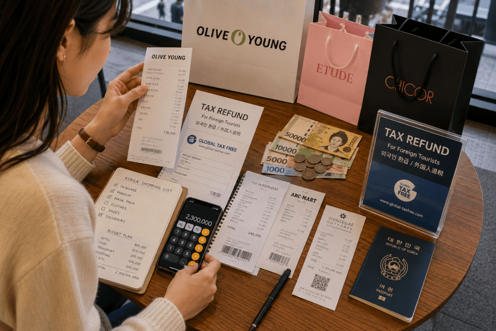 Traveler organizing shopping receipts, Korean won, and tax refund documents in Seoul