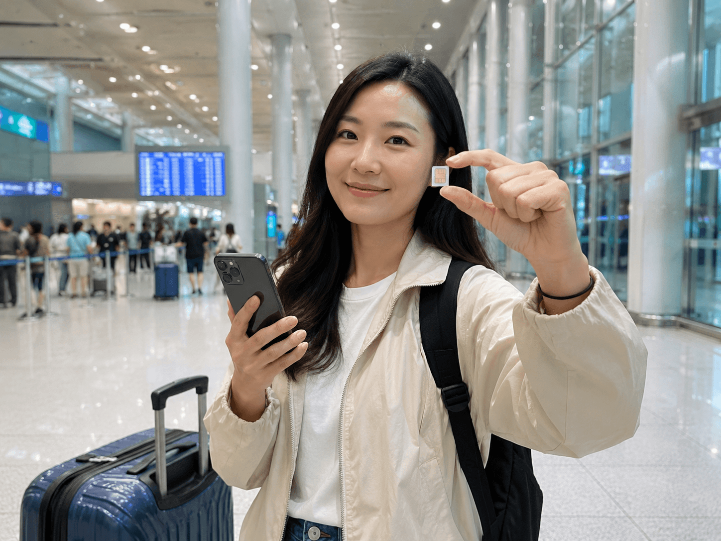 Traveler holding a Korea SIM card and smartphone after arriving at Incheon Airport