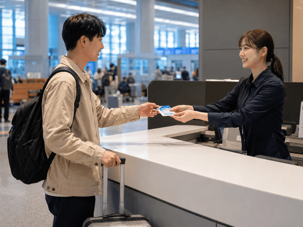 Traveler collecting a Korea SIM card at an airport service counter