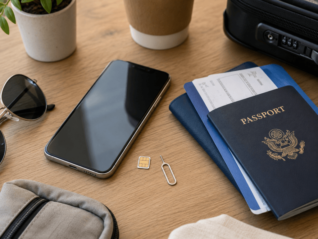 Physical SIM card with smartphone, passport, and travel documents for a Korea trip