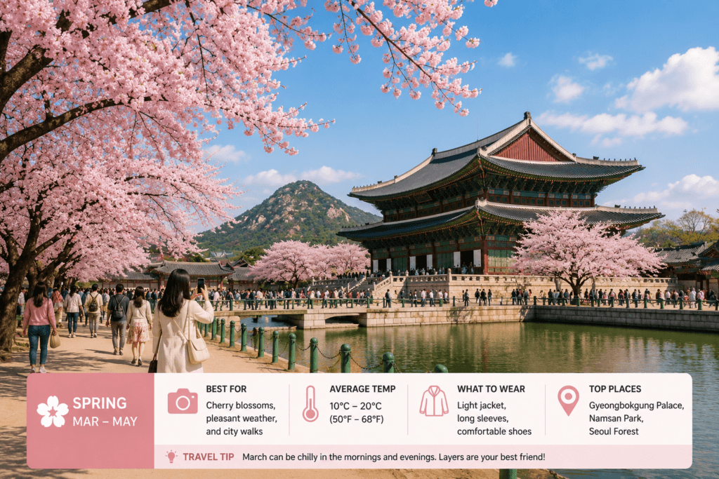 Cherry blossoms surrounding Gyeongbokgung Palace during spring in Seoul Korea