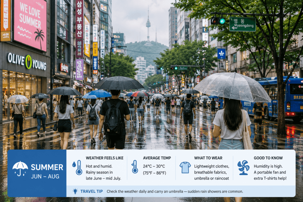 Travelers walking with umbrellas during the Korean summer rainy season in Seoul