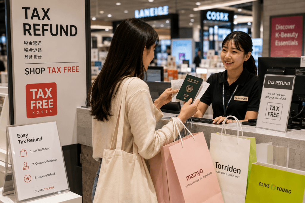 Tax Refund Shopping in Korea Traveler receiving tax refund assistance while shopping in Korea