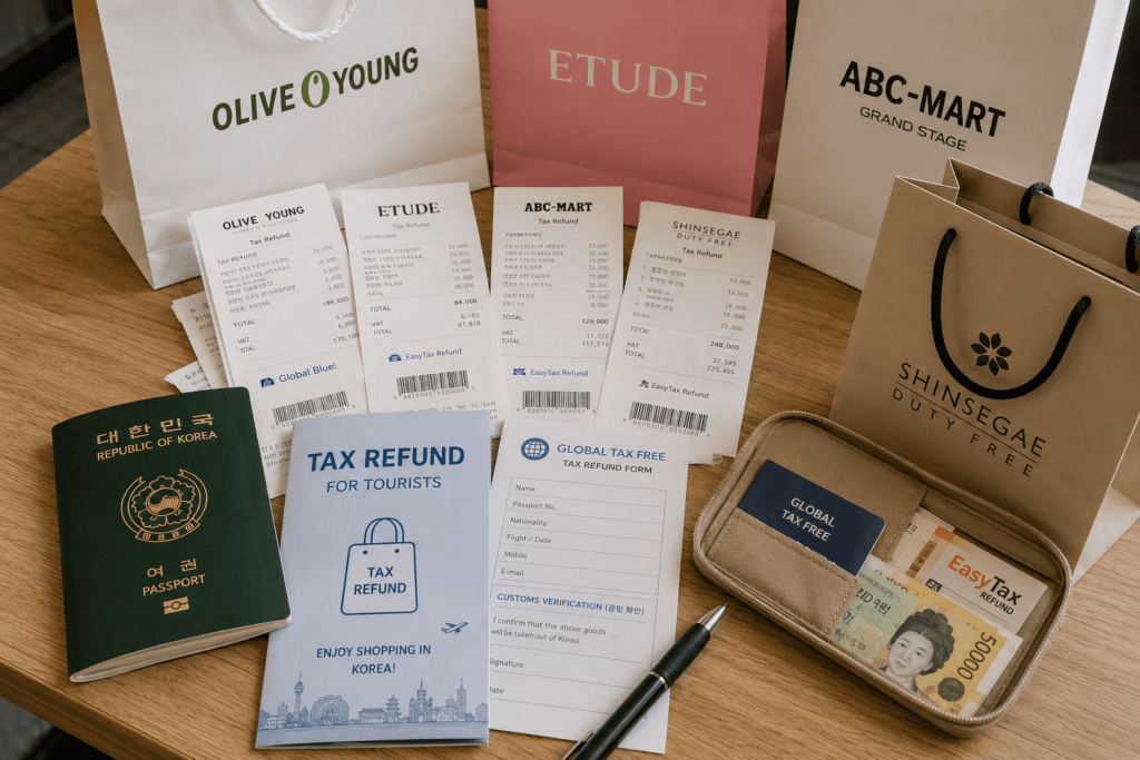 Shopping bags, passport, receipts, Korean won, and tax refund forms for Korea travel