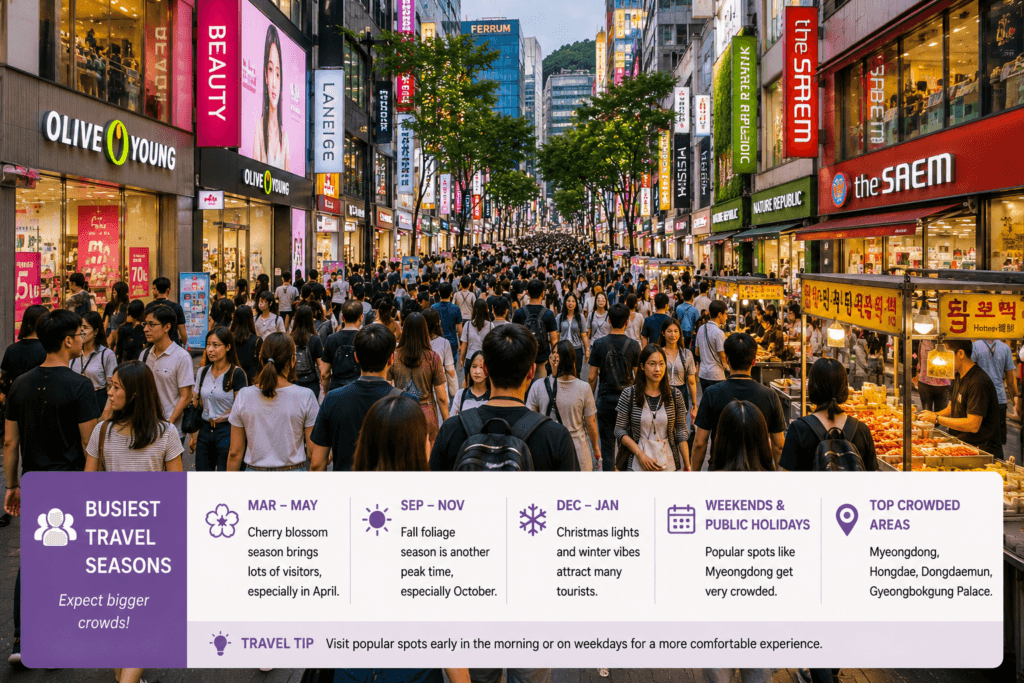 Crowded Myeongdong street during Korea's peak travel season