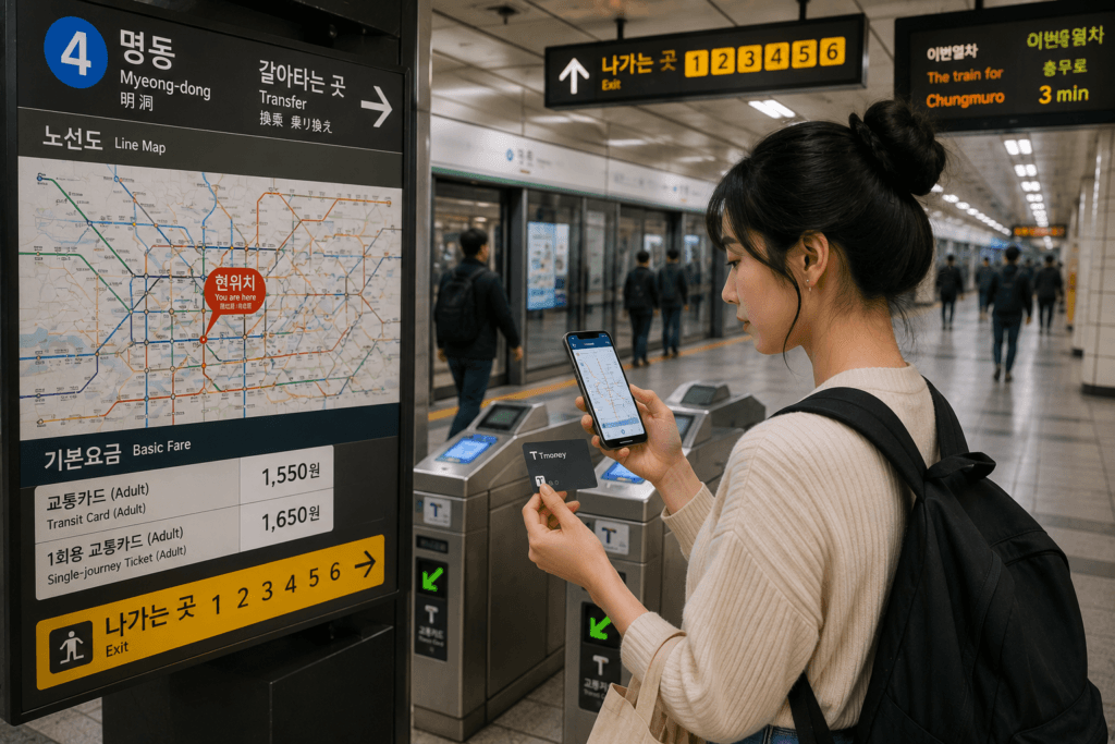 Traveler checking subway route and T-money card at a station in South Korea